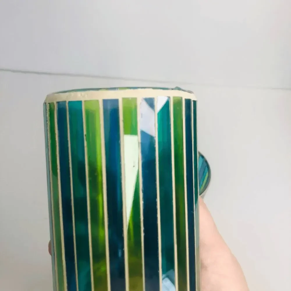 vintage y2k mosaic stripe‎ candle votives tag aqua blue green 3.75”x2 7/8”